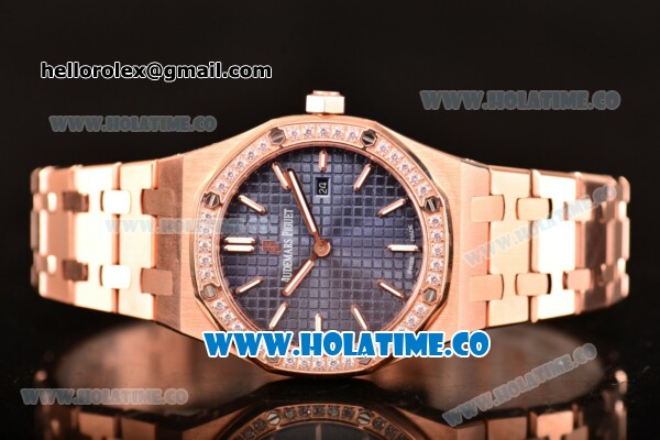 Audemars Piguet Royal Oak 33MM Miyota Quartz Rose Gold Case/Bracelet with Blue Dial Stick Markers and Diamonds Bezel (EF) - Click Image to Close